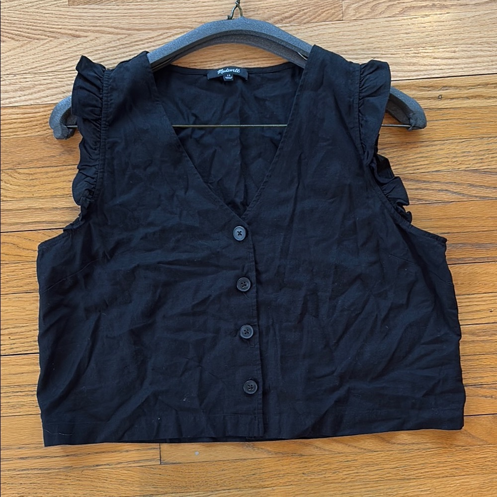 Black Button-Up Ruffle Sleeve Top Linen